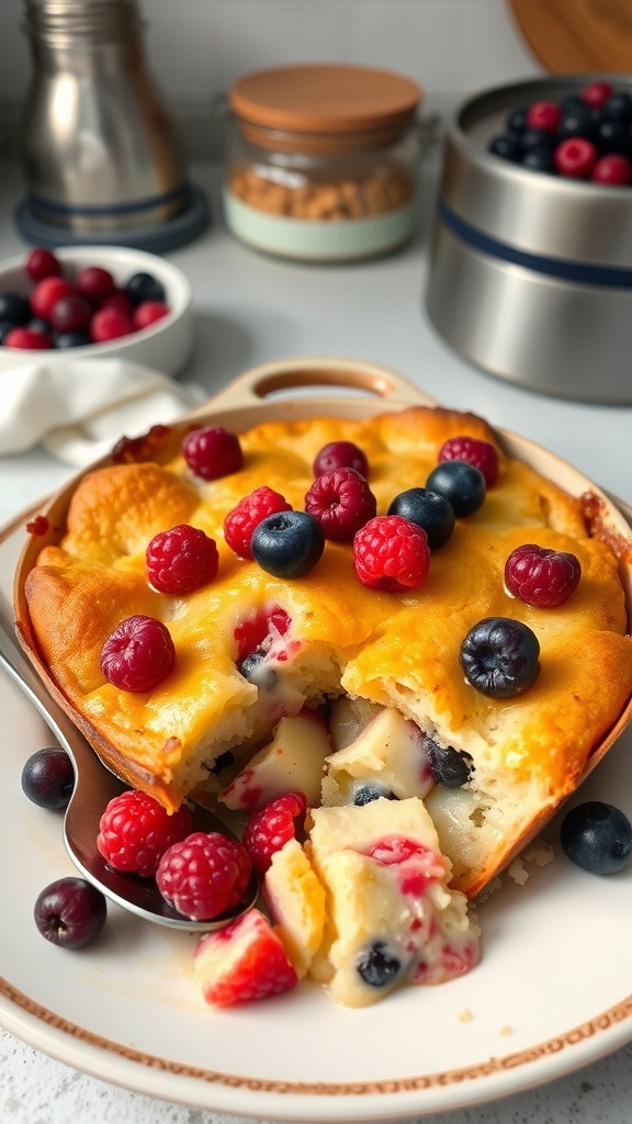 A delicious yogurt bread pudding with berries, served in a rustic dish, on a wooden table.